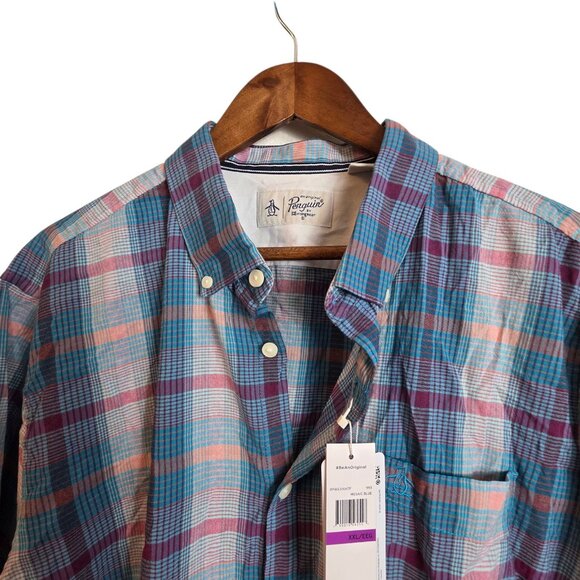 Original Penguin Shirt Mens 2XL Blue Pink Plaid Button Down Mosaic EcoVero Logo - Picture 1 of 16